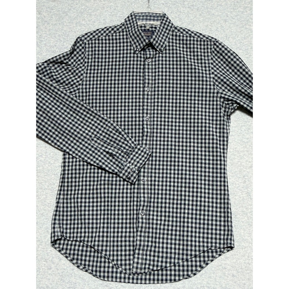 Zara Man Slim Fit Gingham Check Button Down Shirt Black Grey Mens Medium